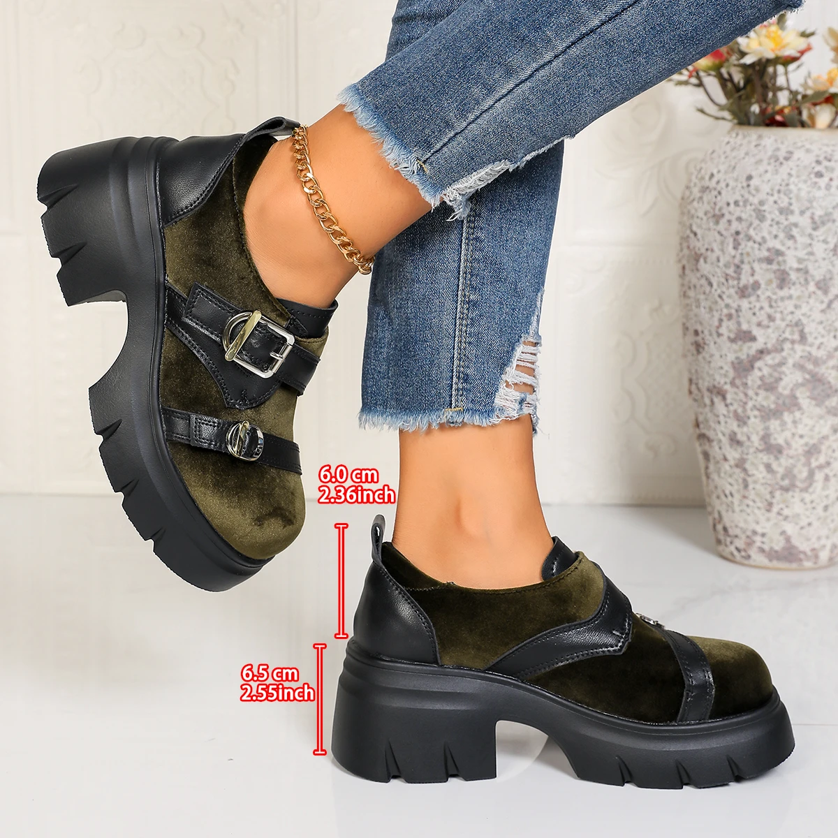 Metal Buckle Thick Bottom Non Slip Mary Jane Shoes Autumn Velvet Designer Chunky Platform Block Heel Shoes Elegant Dress Pumps - view 5