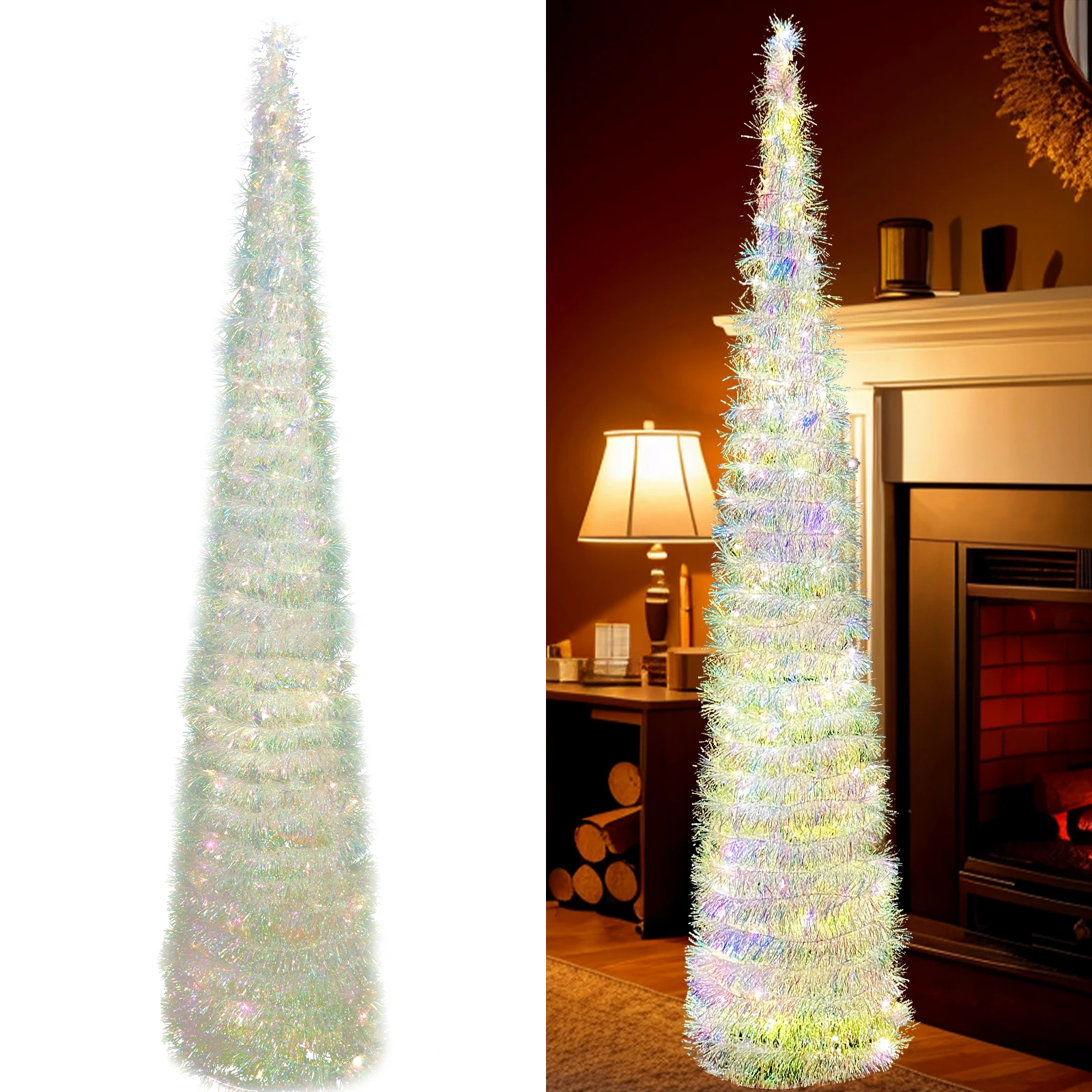 5FT Collapsible Pop Up Christmas Tree, Colorful Tinsel Christmas Tree for Christmas Decorations Indoor