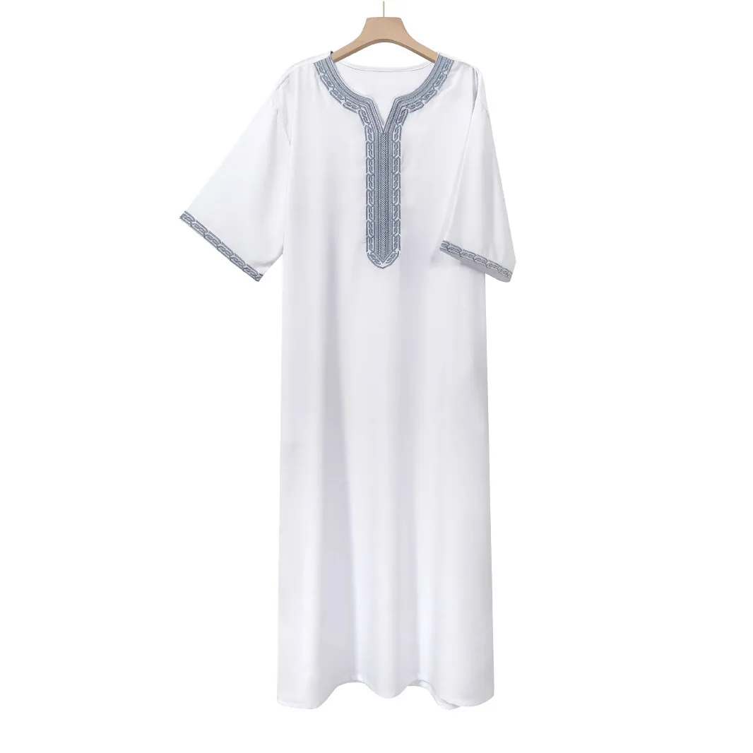 2025 Muslim Robe Short Sleeve Embroidered Robe Moroccan Men's Robe with Side Pockets Abaya Ramadan Dubai Luxury Islam Elegant