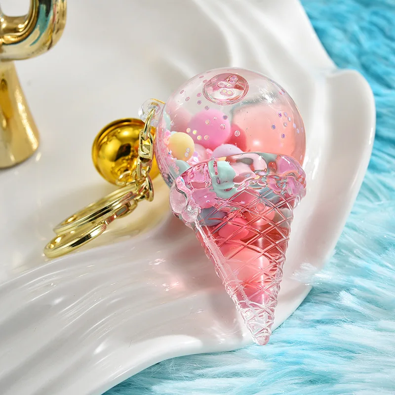 Cute Luminous Liquid Ice Cream Key Chain Cartoon Floating Jelly Bean Keychain Girl Women Couple Backpack Pendant Key Ring Gift