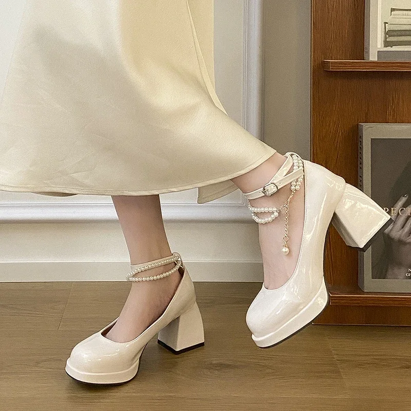 

2025 New High-heeled Buckle Style Beaded Women's Shoes Waterproof Platform Single Shoes Chunky Heel Mary Jane Shoes Female
