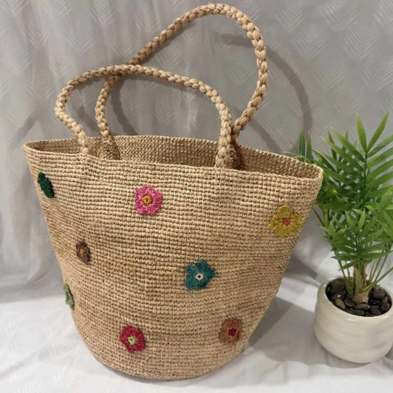 New Lafite Grass Crafted Handmade Embroidered Flower Woven Handbag for Women Summer Beach Vacation Travel Single Shoulder Bag
