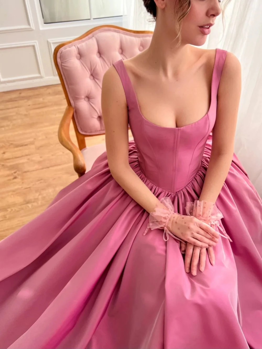 Cinderella Taffeta Elegant Evening Dress Fashion Corset Side Slit Special Occasions Square Neck Customized Women Party Prom Gown