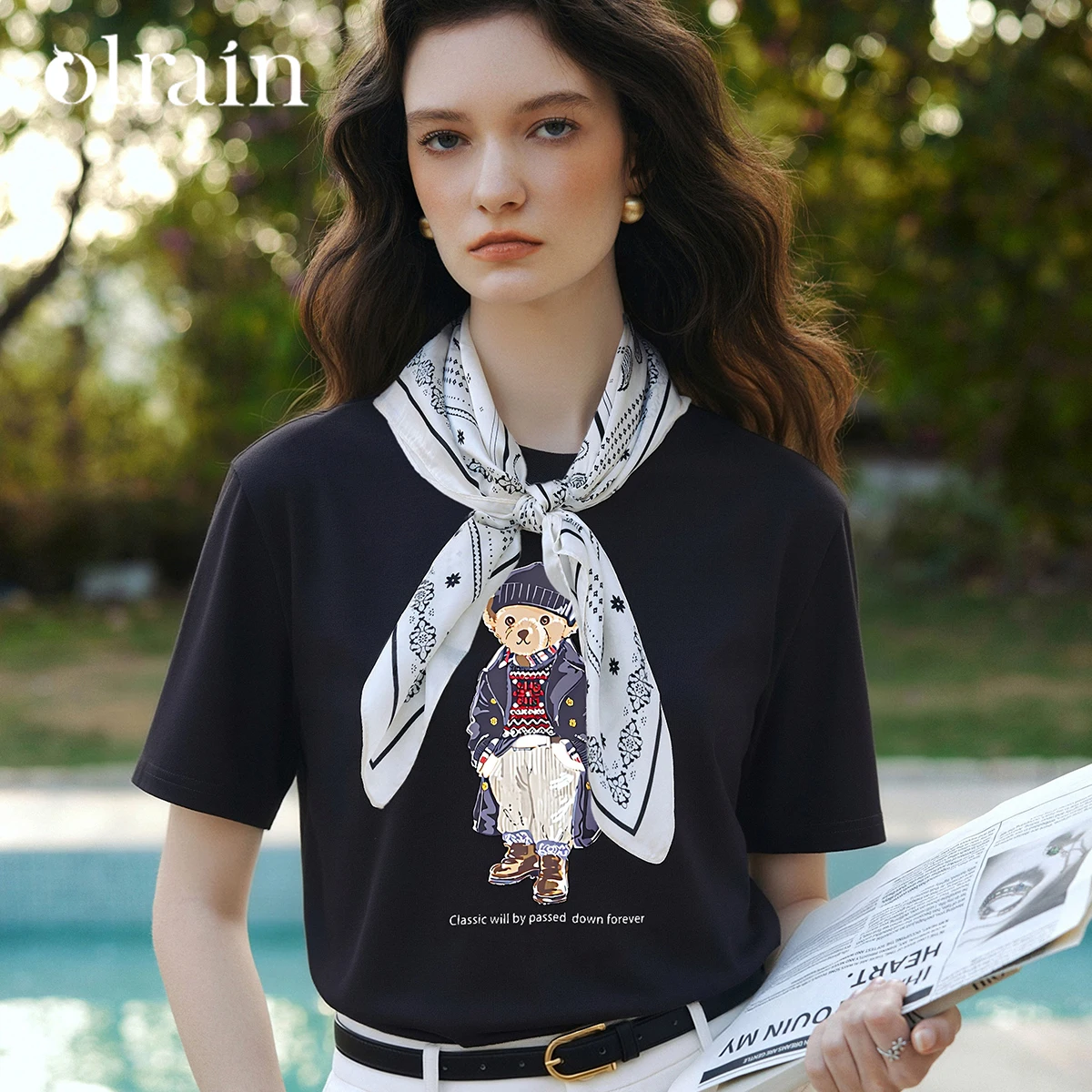 OLrain Fashion Casual Cartoon Bear Print Top Women Round Neck 100% Cotton Summer Loose Straight Short Sleeve T-shirt O58XT005300