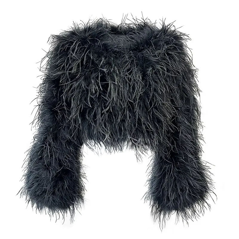 

2024 Women's Real Ostrich Feather Jacket Lady Natural Crop Coat Winter Fur Outerwear S5582