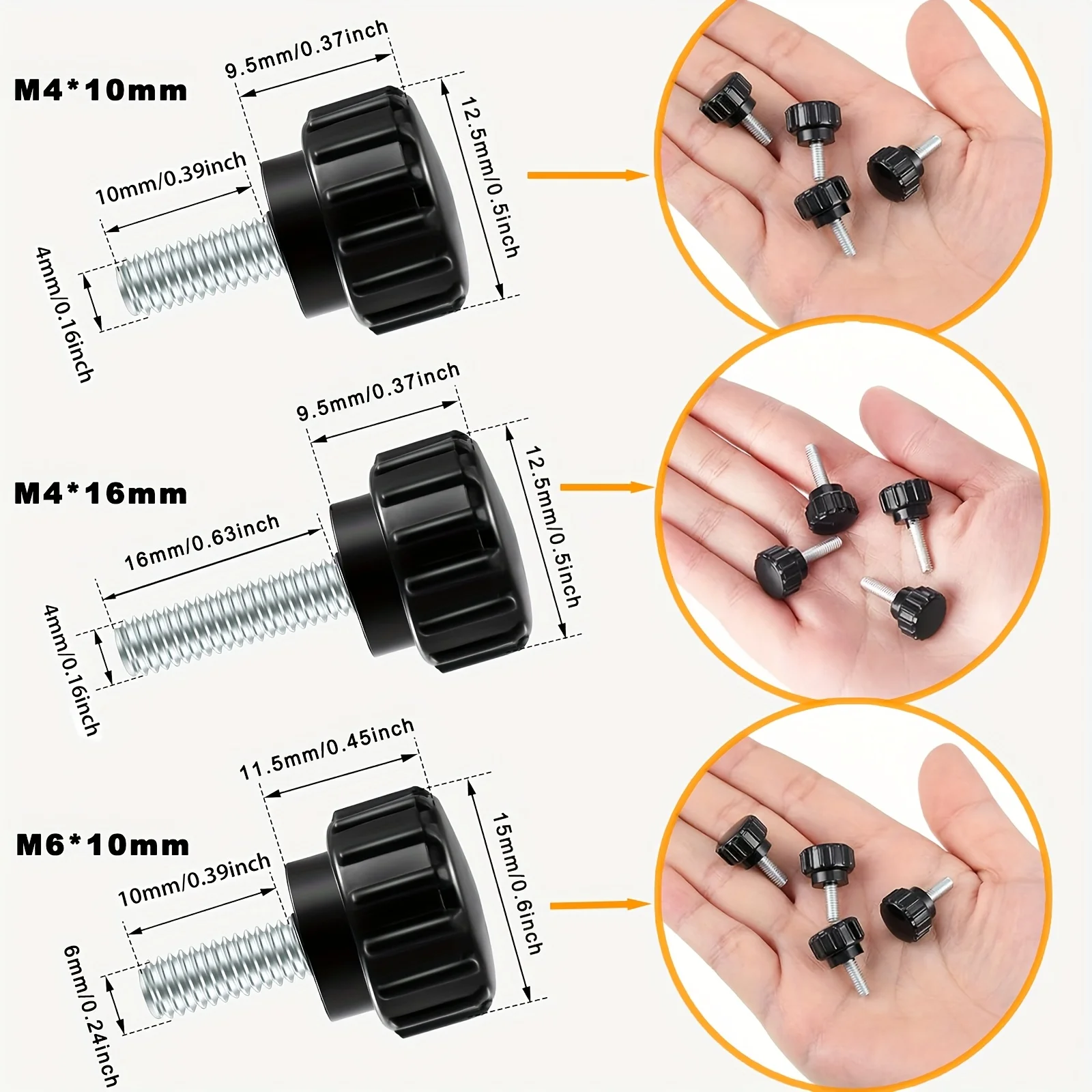 20Pcs Black Carbon Steel Knurled Thumb Screws M4, Round Clamping Screw Handle for Firm Grip