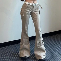 QWEEK Y2k Cargo Flare Jeans Woman Vintage Harajuku Office Lady Pocket Denim Pants America Retro Street Fashion Trousers 2024