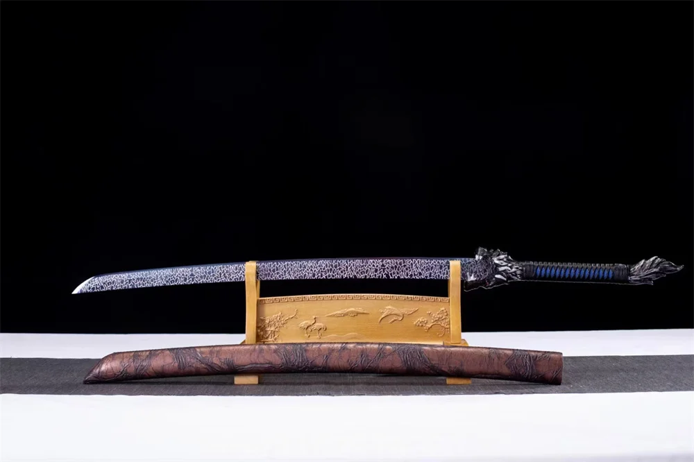 Very Cool Wolf Battle Sword Forged Handmade Unique High Manganese Steel Blue Blade Martial Art Sword Full Tang Leather Sheath