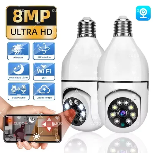 Bombilla E27 de 8MP, cámara WiFi, bombilla, cámara de seguridad, videovigilancia, soporte de Audio bidireccional, detección humanoide AI, Monitor de bebé