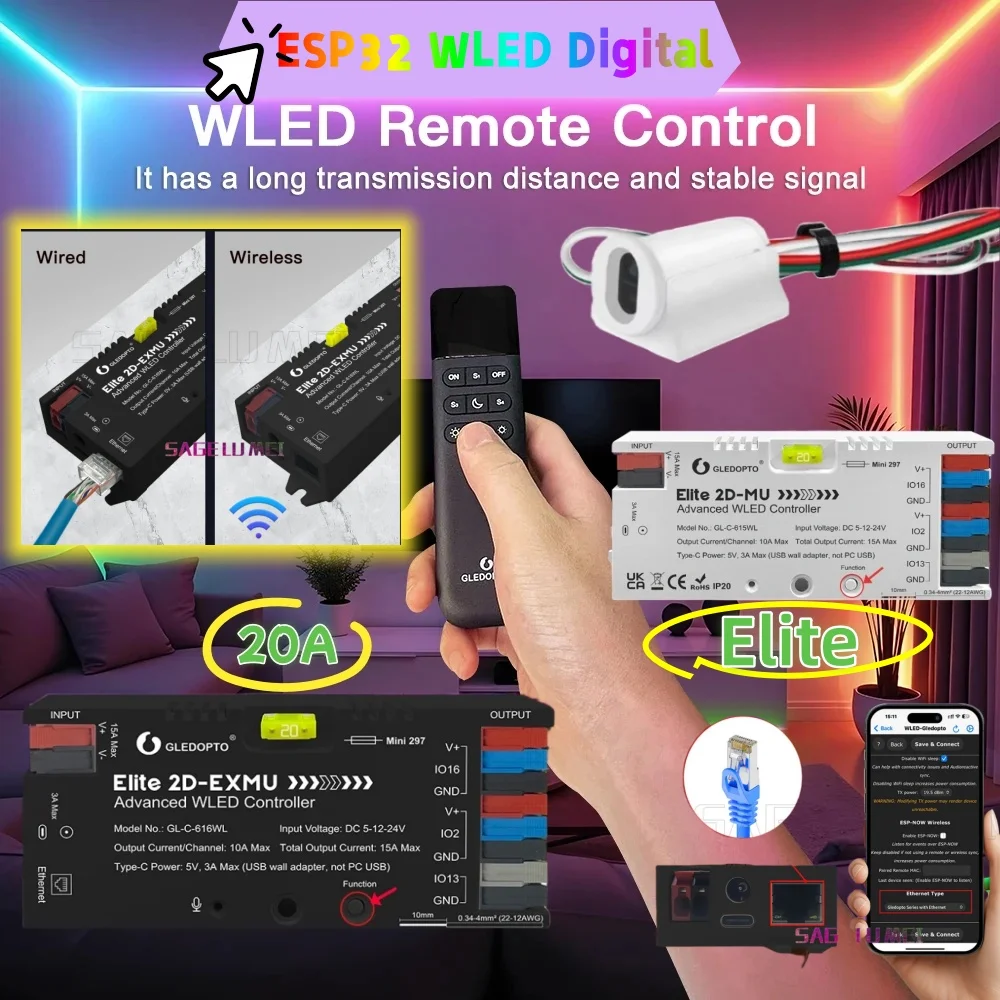 

GLEDOPTO Elite ESP32 WLED Controller Wired Ethernet Sound Reactive Energy Save Relay 20A Fuse Dynamic RGBIC WS2811 WS2812 SK6812