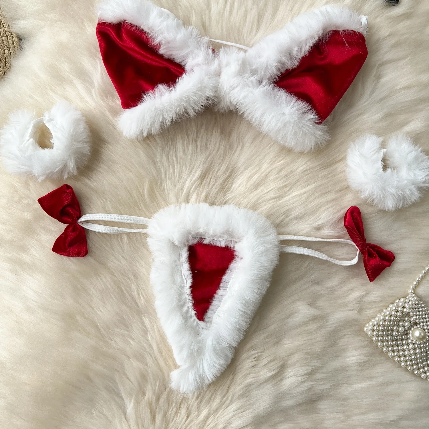 Damskie seksowne świąteczne welurowe komplety bielizny: biustonosz, majtki, modna bielizna intymna, 5-częściowe erotyczne zestawy biustonoszy, stringów i kompletów bielizny.