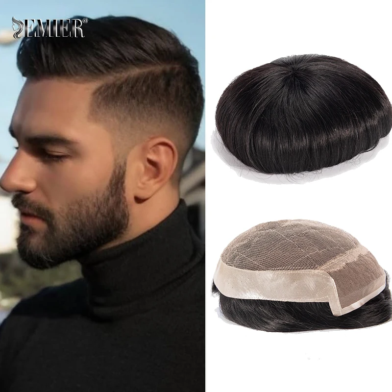 HD Lace with PU around Men Toupee Bleached Knot Natural Hairline OCT Male Wig Human Hair Replacement System Unit Men's Wig