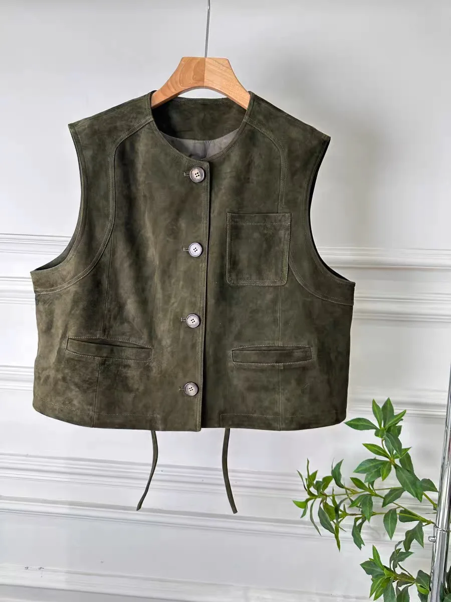 Retro Kid Pelle scamosciata 100% pelle di pecora Top Abbigliamento per donna Gilet in vera pelle Stile corto Girocollo britannico Abbigliamento a strati