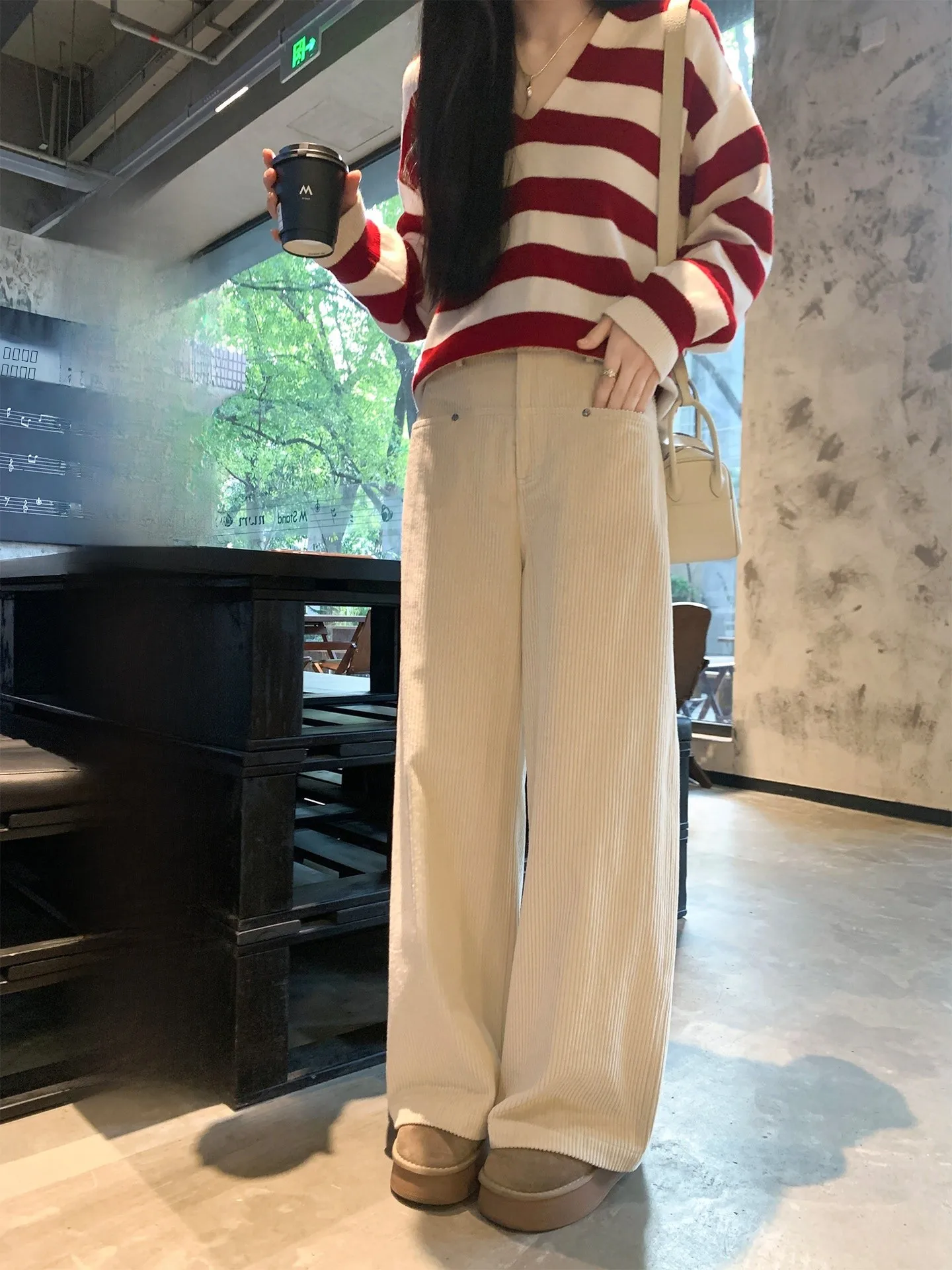 

Summer Poem Selective Pure Cotton Waed Corduroy Casual Pants Women's Small a Loose Silhouette Straight Leg Pants