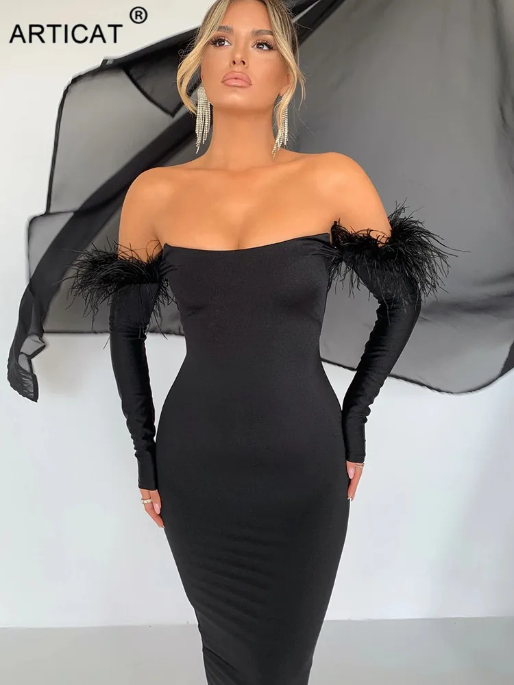 Articat-Sexy Off Shoulder Feather Sleeve Dress for Women, Black Backless, Long Sleeve, Elegant, Skinny, Party Clubwear, Summer