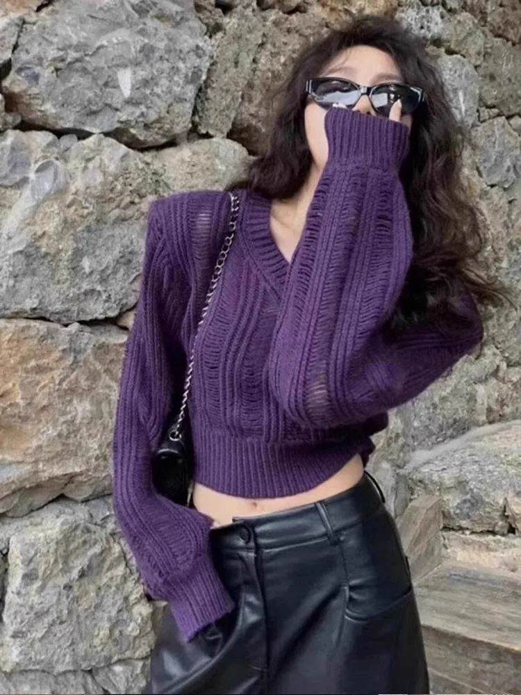 Unique Design Hollow V-Neck Sweater Women\'s Autumn And Winter Solid Color Versatile Slimming Knit Sweater