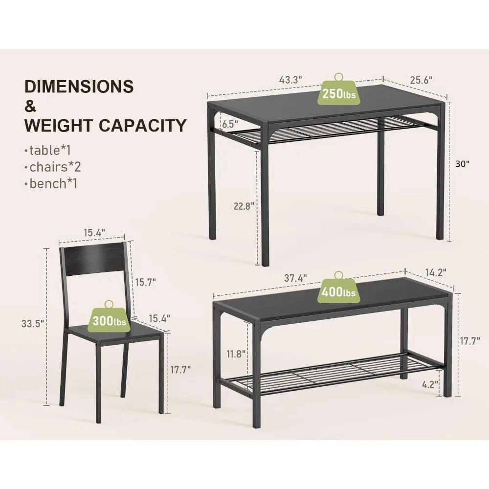 Ensemble de table à manger pour 4 personnes, table à manger de cuisine et 2 chaises avec banc, ensemble de table de 4 pièces