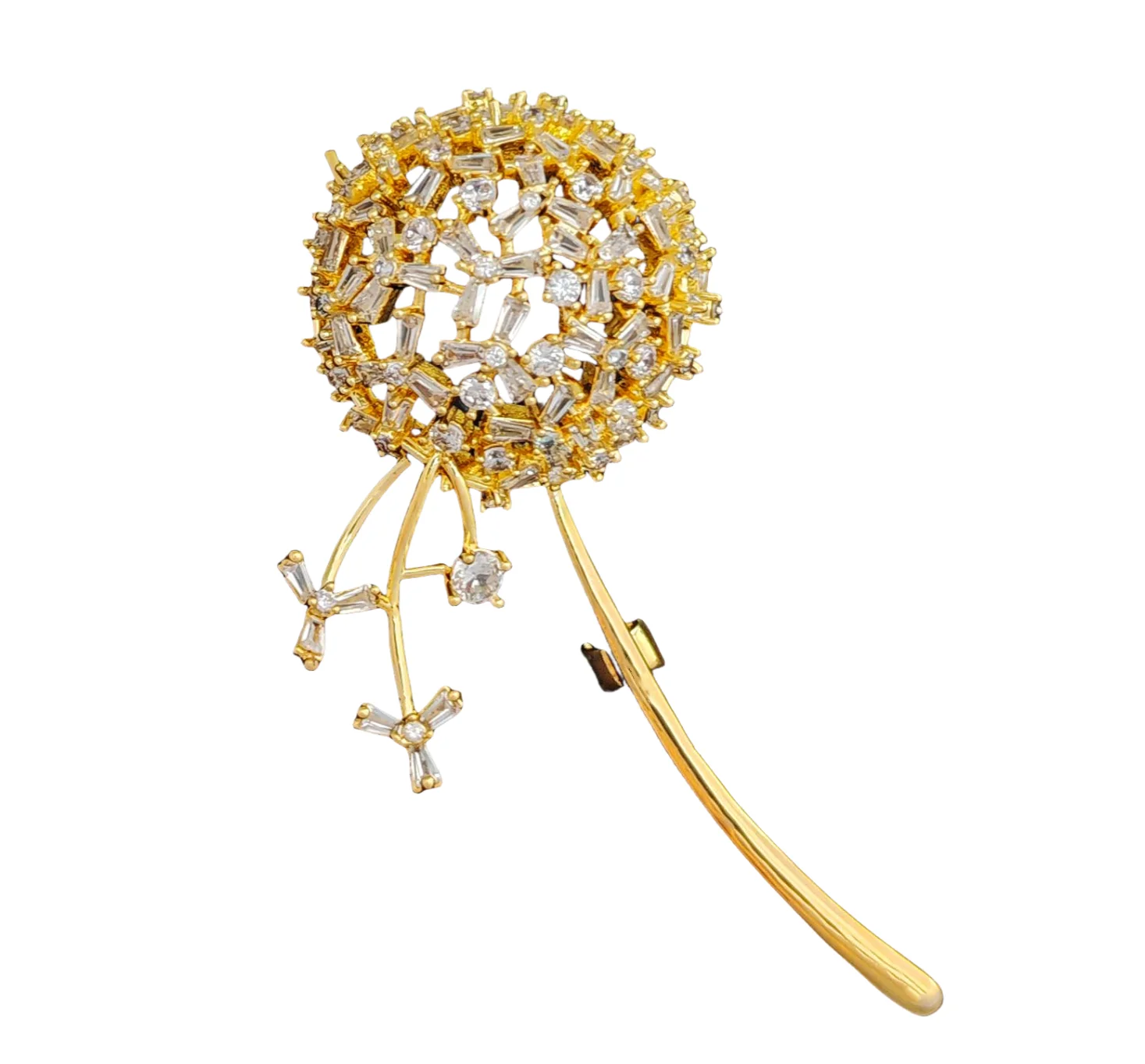 

Stunning Gold Tone Stem Cubic Zirconia Dandelion Flower Broach Pin Thanksgiving Gift