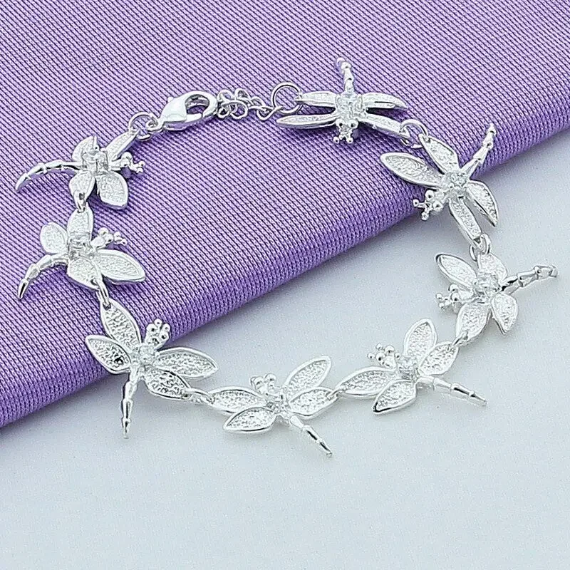 

CHUANGCHEBG 925 Sterling Silver Fashion Trendy Dragonfly Charm Animal Shape Bracelet Chain