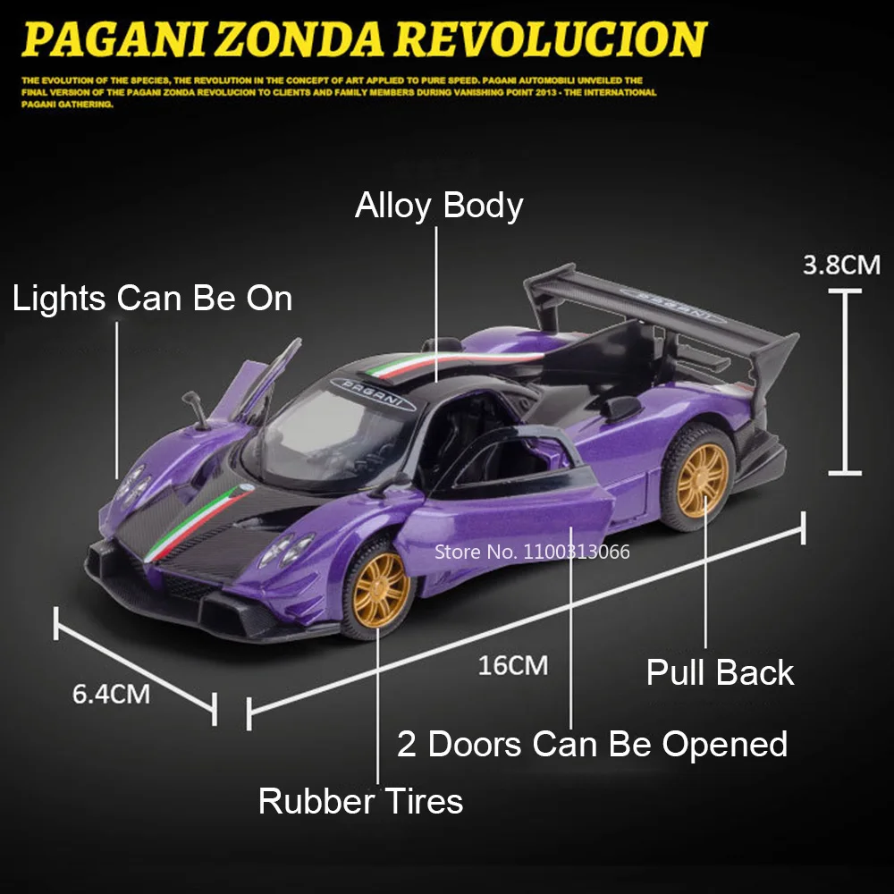 1:31 Alloy Diecast Pagani Zonda Toys Model Cars Rubber Tires Miniature Supercar Light Music Pull Back Vehicle Toddler Kids Gifts