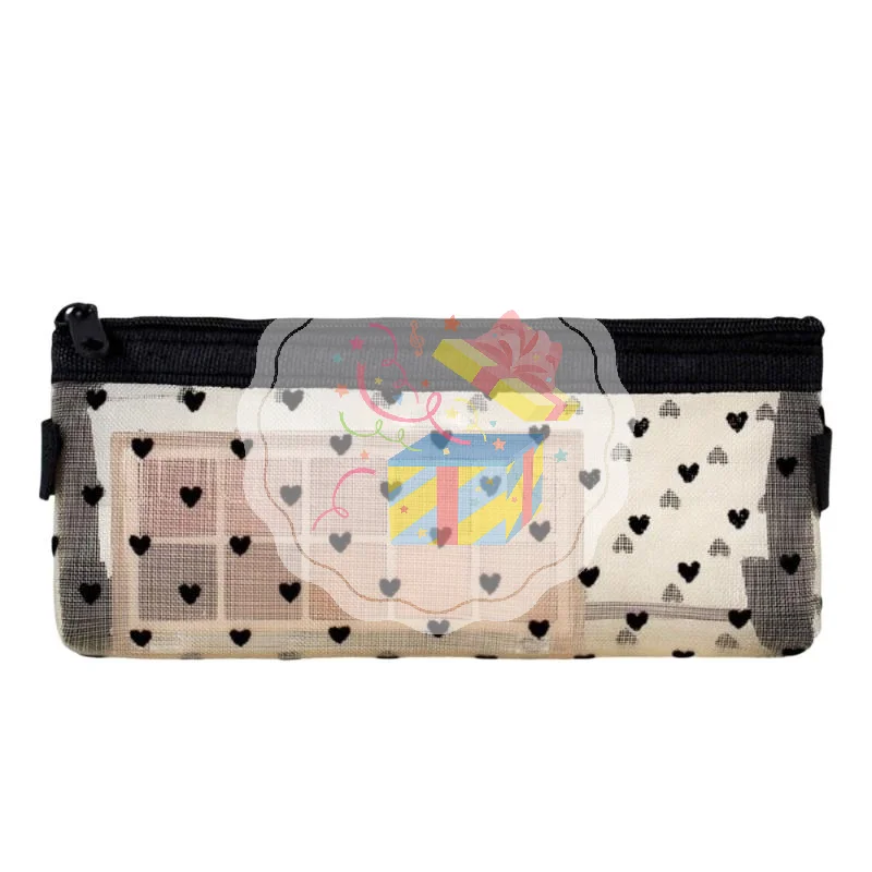 Mesh Makeup Brush Organizer Set Heart Print Transparent Nylon Cosmetic Pouches for Vacation Travel Use