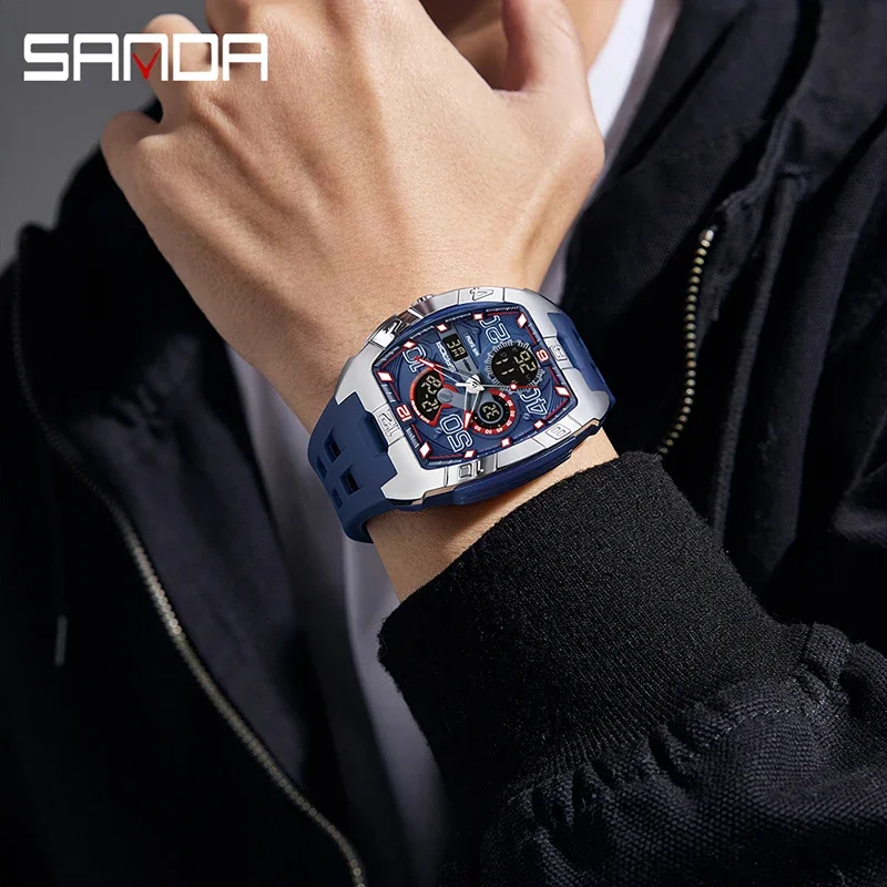 SANDA Fashion Watch for Man Tonneau Dial Multi-function Dual Display LED Luminous Sports 5Bar Waterproof Military Students Watch - view 3