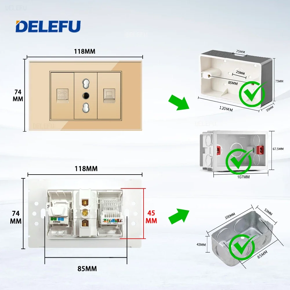 DELEFU Italian, EU, Multi-functional Free Combination USB Type C Wall Socket DIY Gold