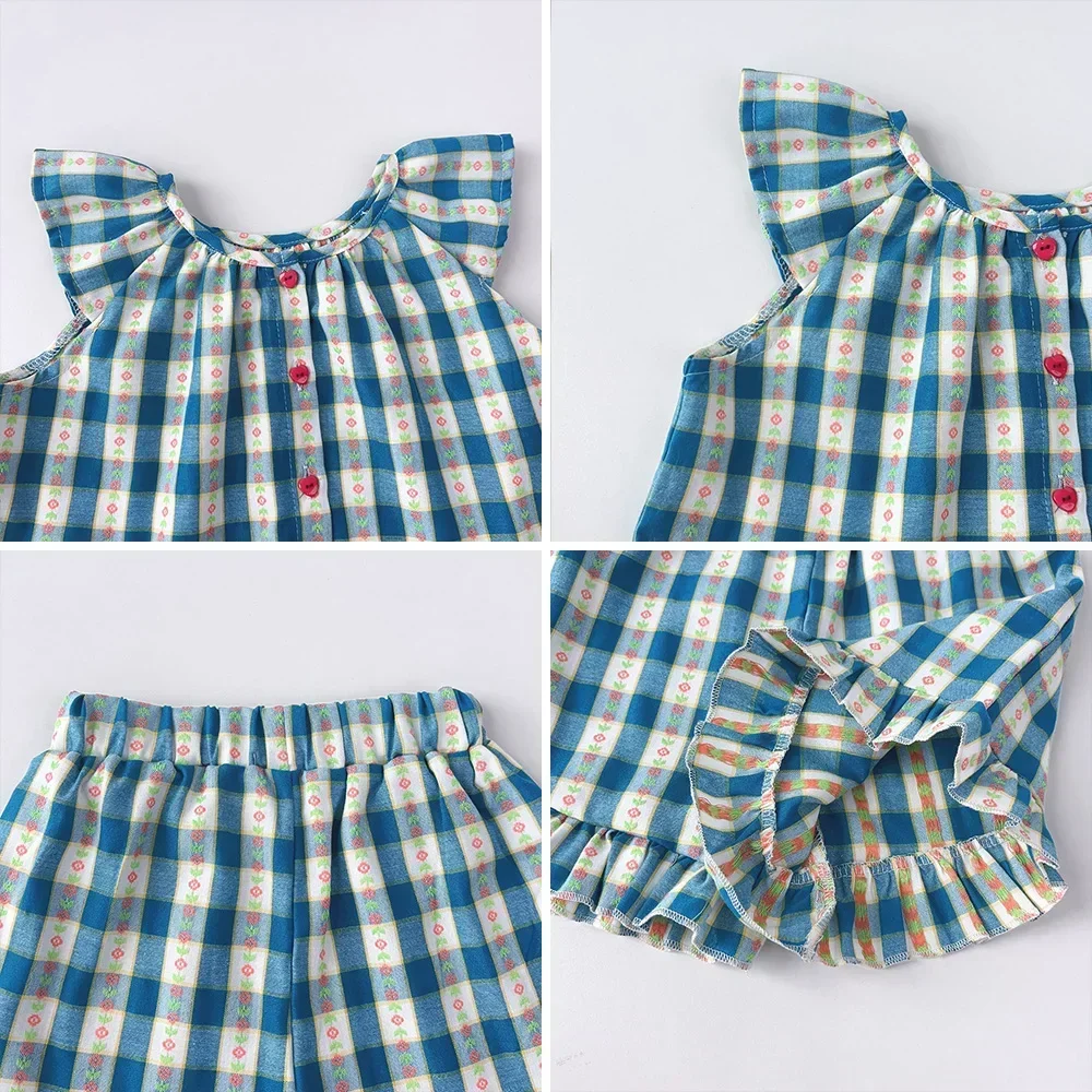 Mädchen Kleidung Sommer Rundhals Einreiher Gitter Fliegende Ärmel Top + Shorts Zwei-stück Set 1-5 Jahre alt Kinder Tragen – Detail 7