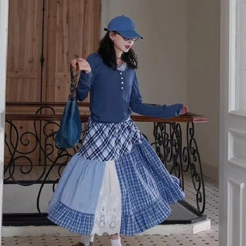 Nuovo in plaid patchwork misto cotone gonna lunga per donna 2025 moda giapponese dolce Mori ragazza gonne di media lunghezza panno donna