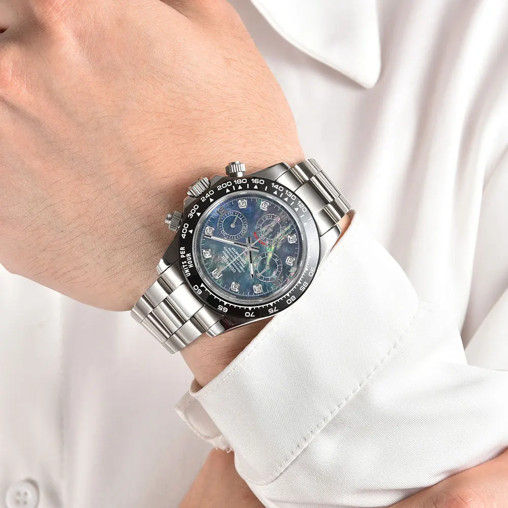 39 มม.เงินนาฬิกาข้อมือผู้ชาย VK63 การเคลื่อนไหวควอตซ์ chronograph sapphire glass ธุรกิจที่กําหนดเองผู้ชายนาฬิกากันน้ํา