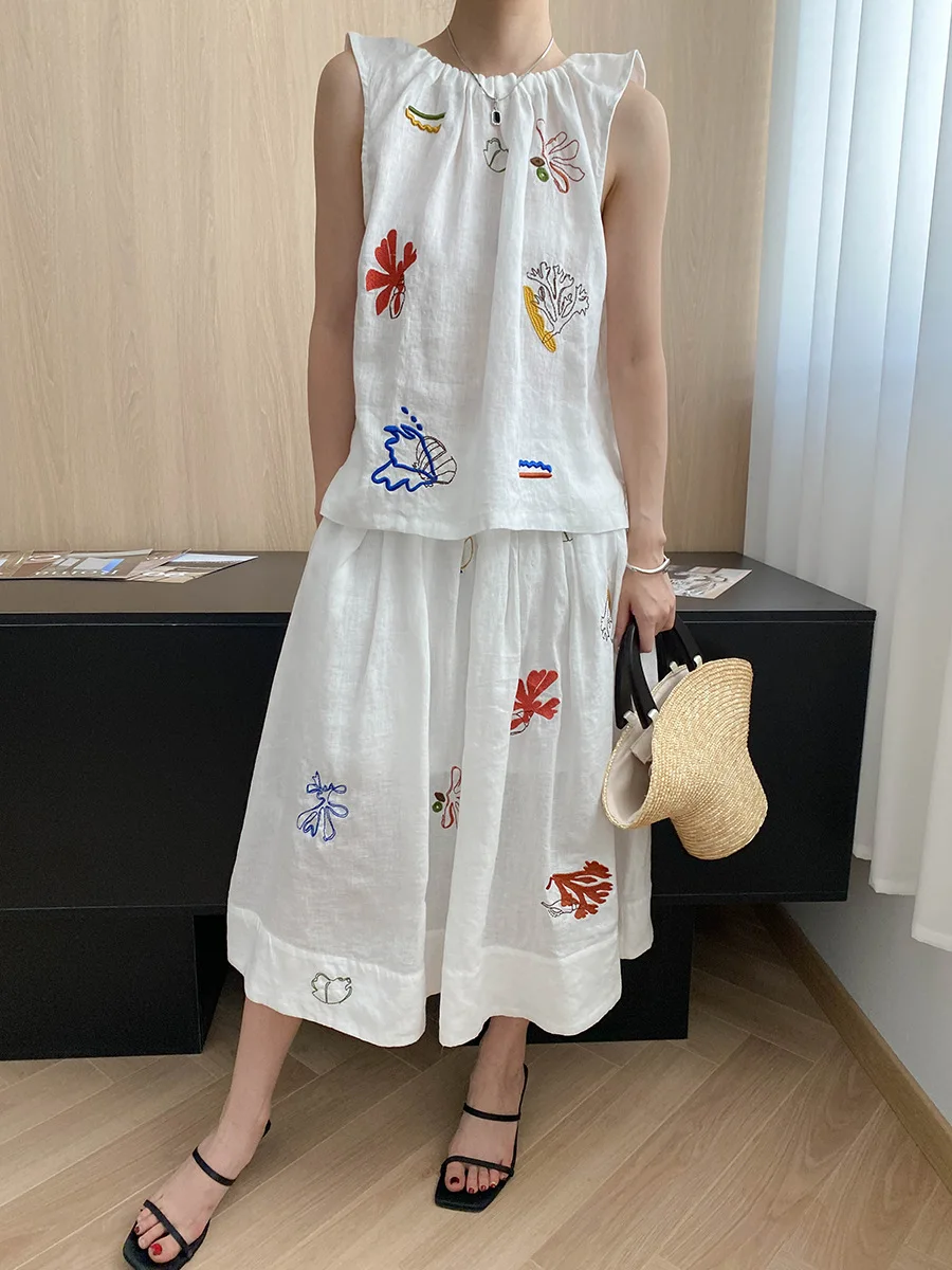 

Boho Embroidered Decoration Round Neck Vest+high Waist Loose Skirt 2 Piece Set 2025 Summer Women's Casual Holiday Beach Suit