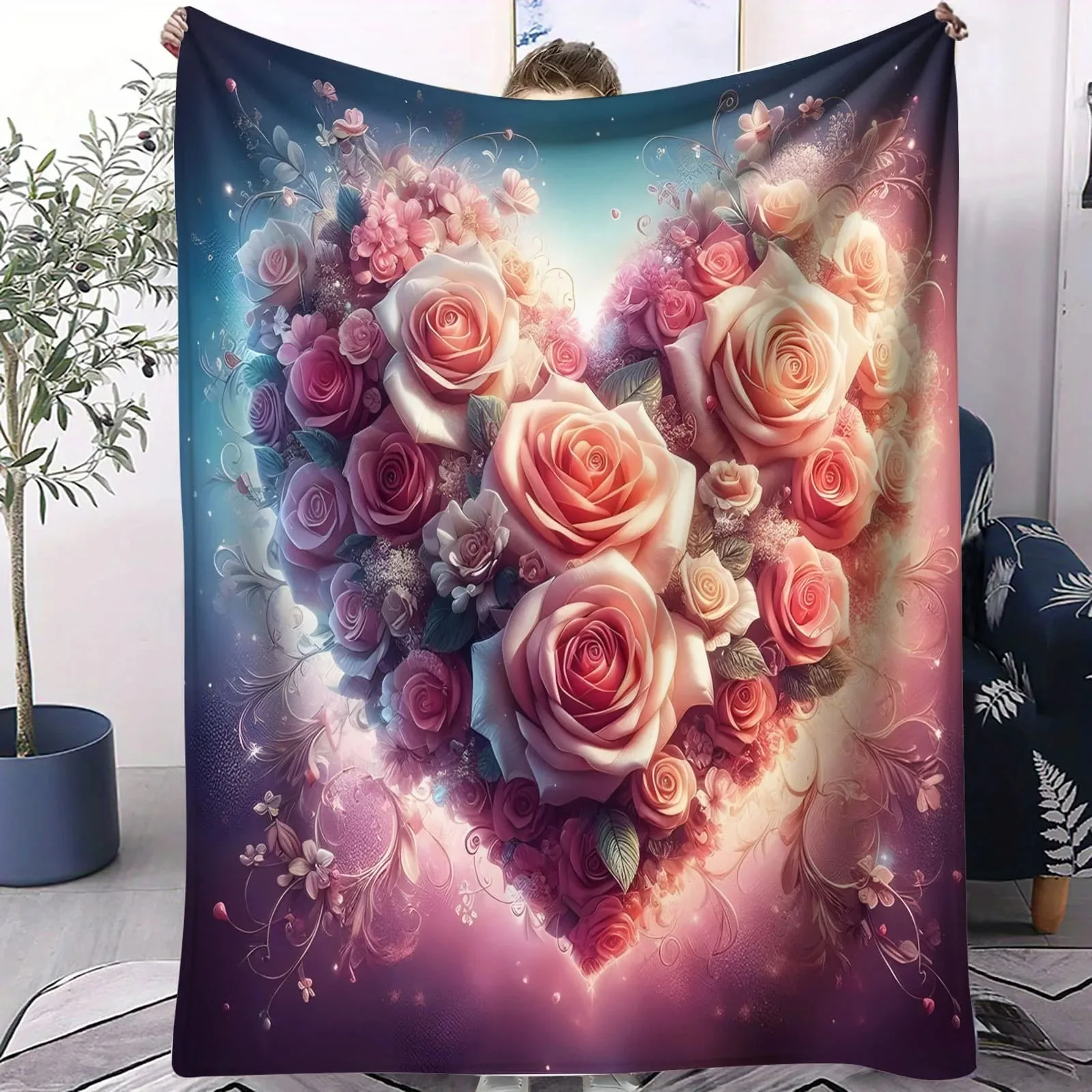 Cupid Heart Rose Fleece Blanket - Romantic Throw for Bedroom Sofa Valentine's Day Decor Perfect for Couples & Love Enthusiasts