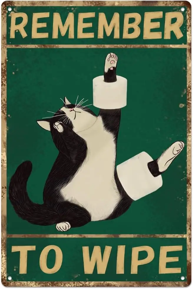 WEBEEDY Black Cat Metal Sign Remember to Wipe Retro Tin Sign, Funny Aluminum Wall Art Poster for Bathroom Home Coffee R
