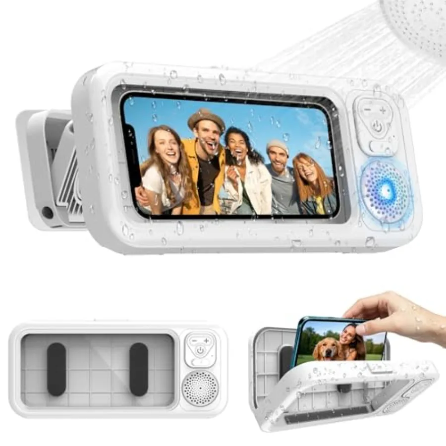 Shower Phone Holder Waterproof with Wireless Bluetooth Speaker, 360° Rotation Wall Mount Phone Holder for Shower, Anti-Fog High