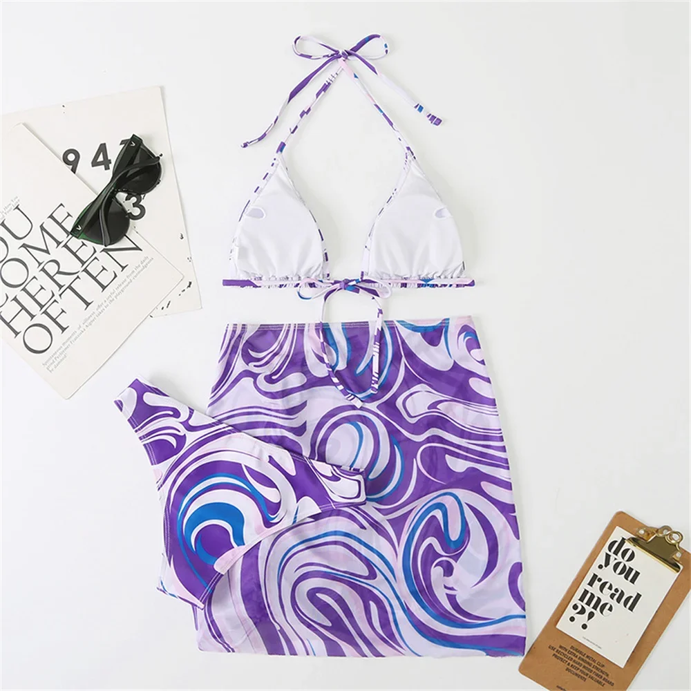 Purple Print Bikini Micro String Swimsuit Skirt Women Triangle Swimwear Thong Backless Bathing Suit 3 Piece Beach Summer Outfits