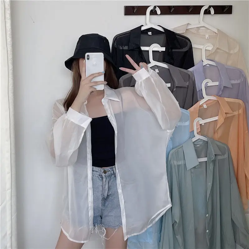 Summer Women Thin Shirts Loose Chiffon Long Sleeve Sun Protection Shirt Solid Korean Beach Tourism picnic chiffon shirt