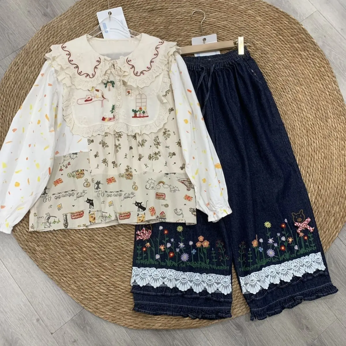 Mori retalhos camisa de algodão feminino vintage bordado peter pan colarinho manga longa algodão linho topos mori kei roupas