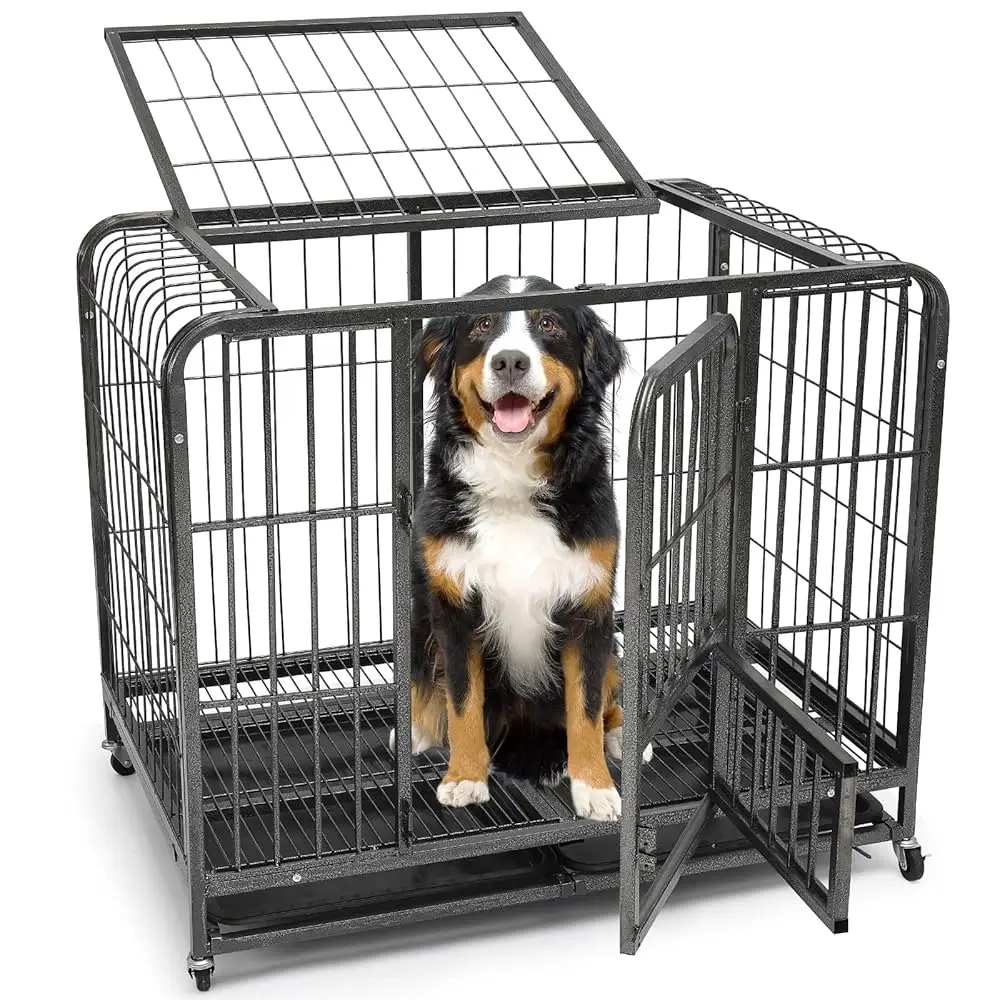 

43/29/37 H Dog Crate, Heavy Duty Metal Dog Kennel, Indestructible Dog Crate, Escape Proof Dog Cage With Lockable Wheels,Indoor