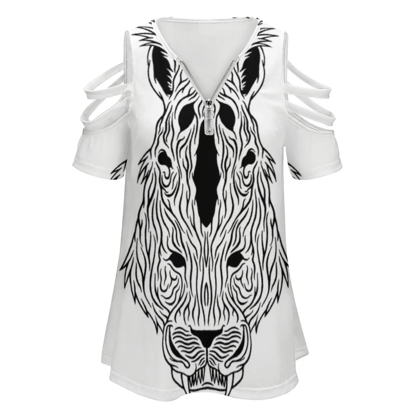 Thorseiger New Fashion Zip Off Shoulder Top Short-Sleeve Women Shirt Creature Horse Kota12 Monster Thorseiger Tiger Zebra