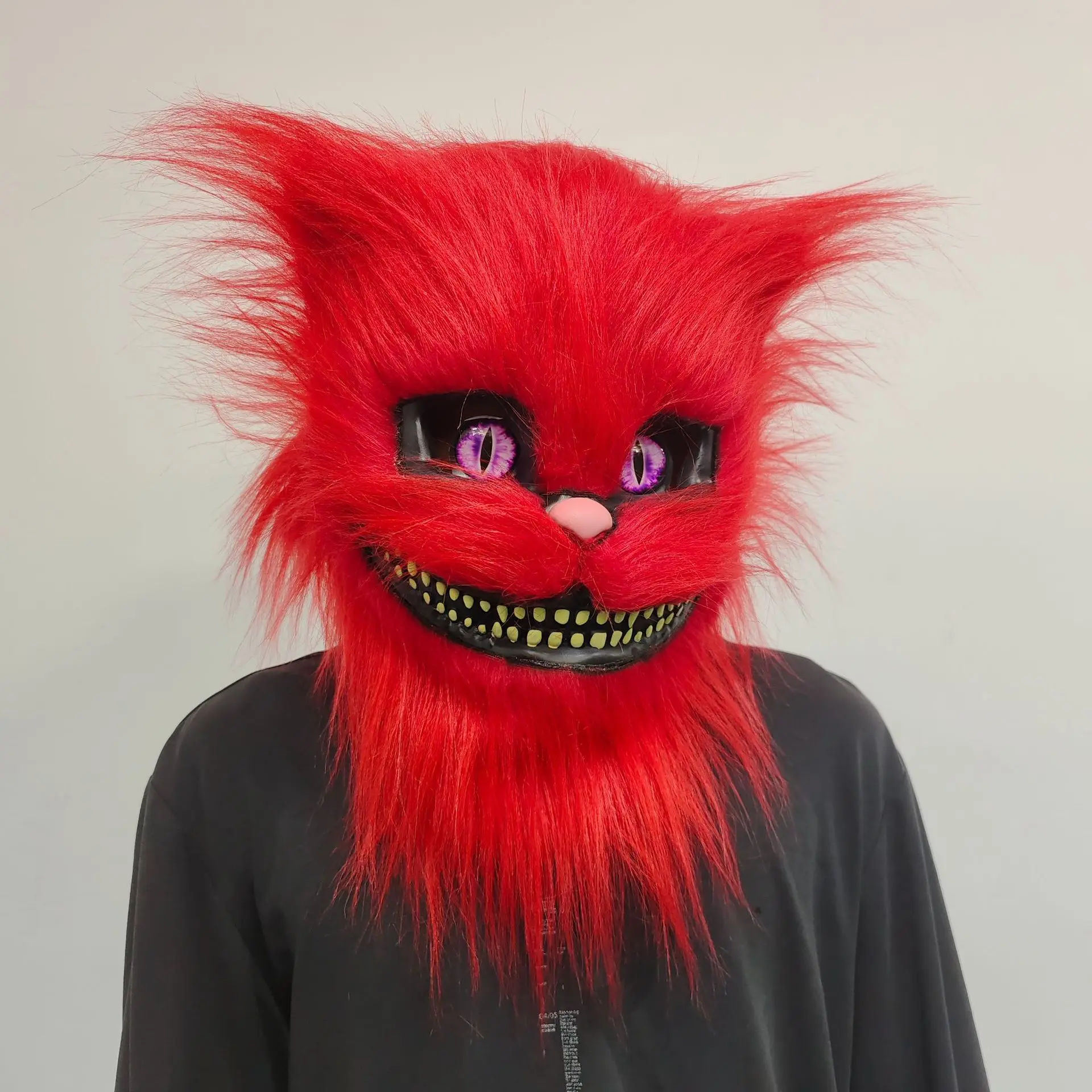 Horror-Maskerade: Grinsende Katze Vollkopfmaske aus Plüsch, Gruselige Großzahnte-Monstermaske für Halloween-Cosplay und Kostümierungen – Detail 6