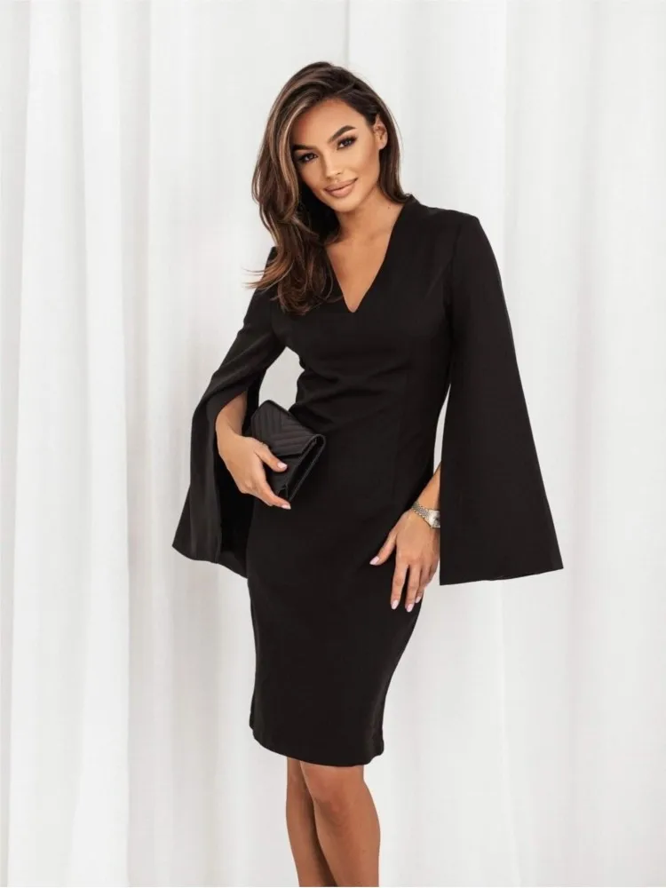

Elegant V-neck Long-sleeved Waist Dress For Women Fashionable Spring Autumn Solid Color Design Slim-fit Office Dresses Female