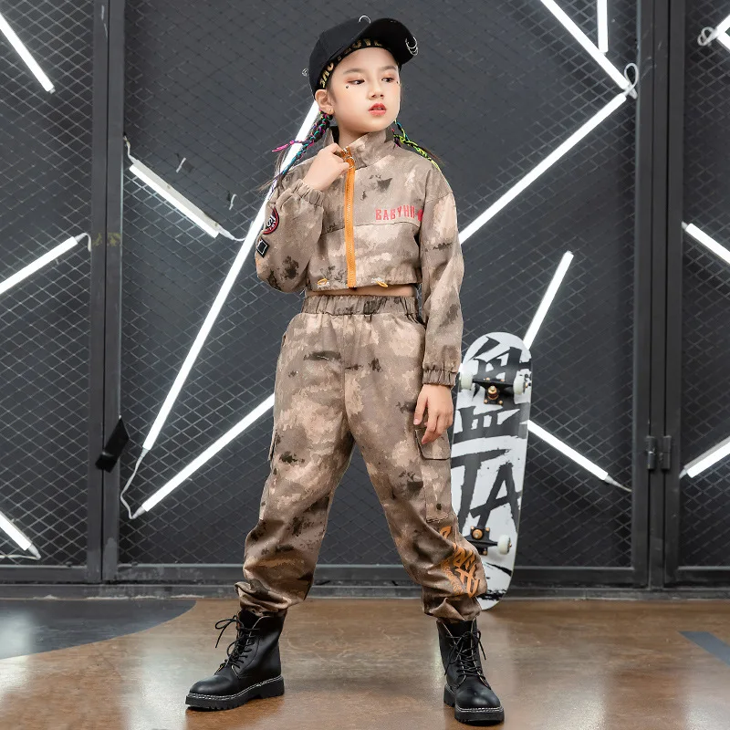 Boys Hip Hop Jacket Cargo Pant Girls Camouflage Crop Tops Jacket Clothes Child Military Joggers Street Dance Kids Streetwear