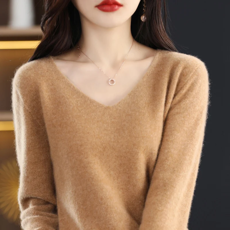 autumn and winter New 100% Merino wool cashmere sweater women\'s sweater  knitted V-neck pullover solid color fashion loose top