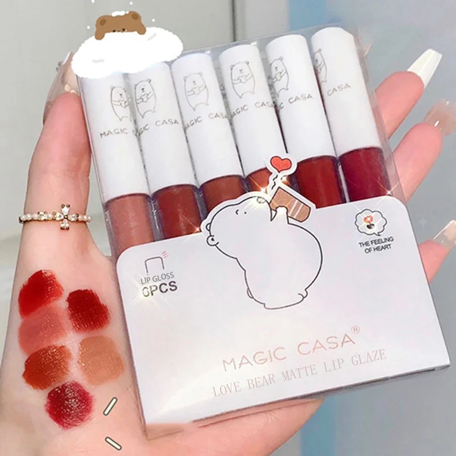 6pcs/Set Love Bear Velvet Matte Lipgloss Lip Tint Mud Moisturizing Lip Cosmetics Set Includes Lip Glaze Lip Stick & Lip Gloss
