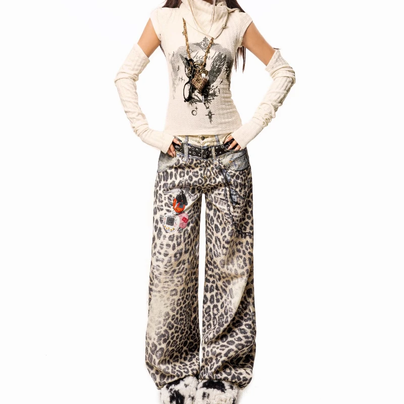 European American Leopard Print Women's Jeans 2025 Autumn New Vintage Design Gradient Hot Girl Straight Wide-Leg Pants Ladies