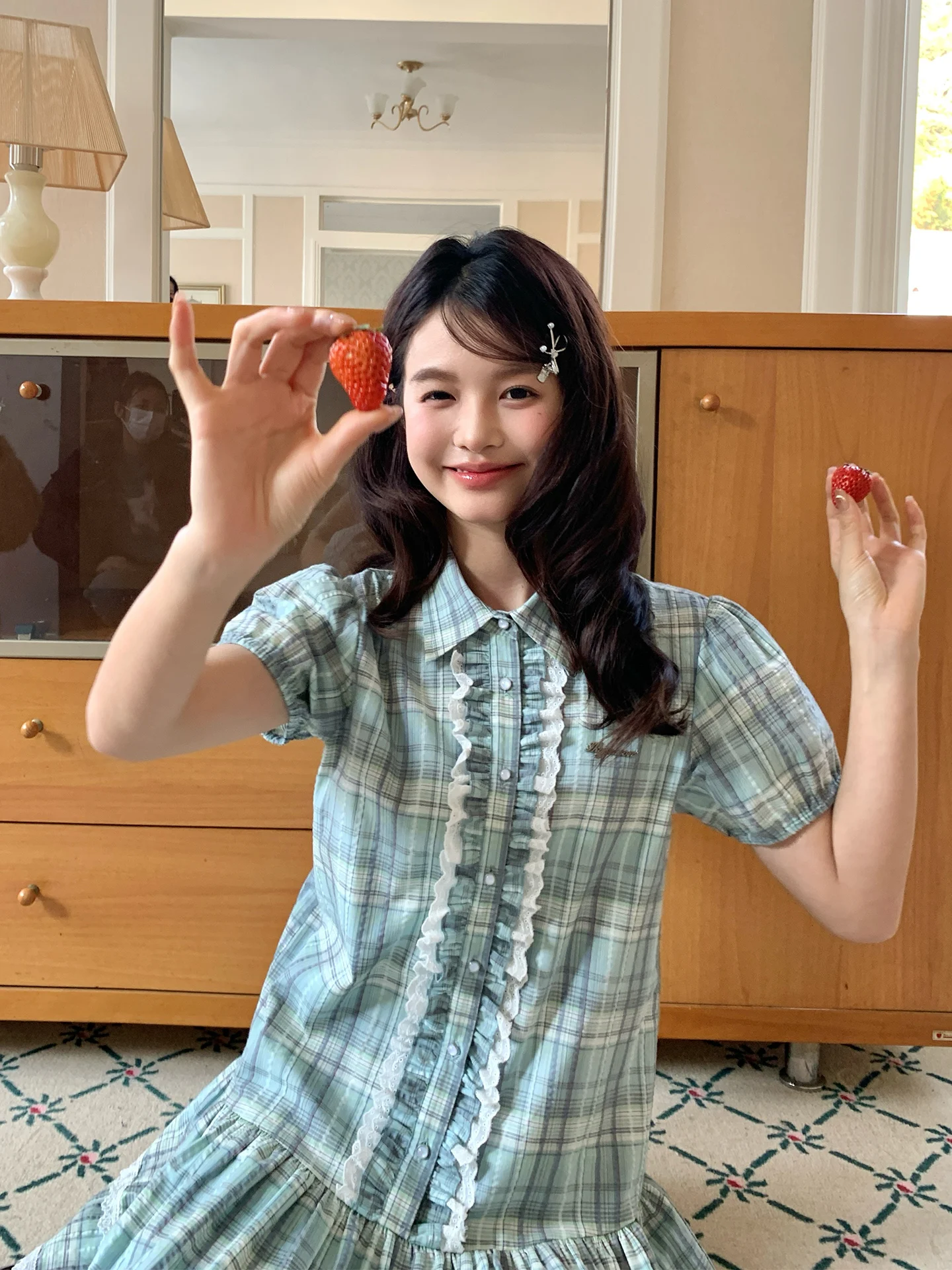 

Original Tokyo Seasonal Record JK Blue Green Plaid Dress Women's Summer Sweet Lace Trim Short Skirt A-Line Cotton Dress
