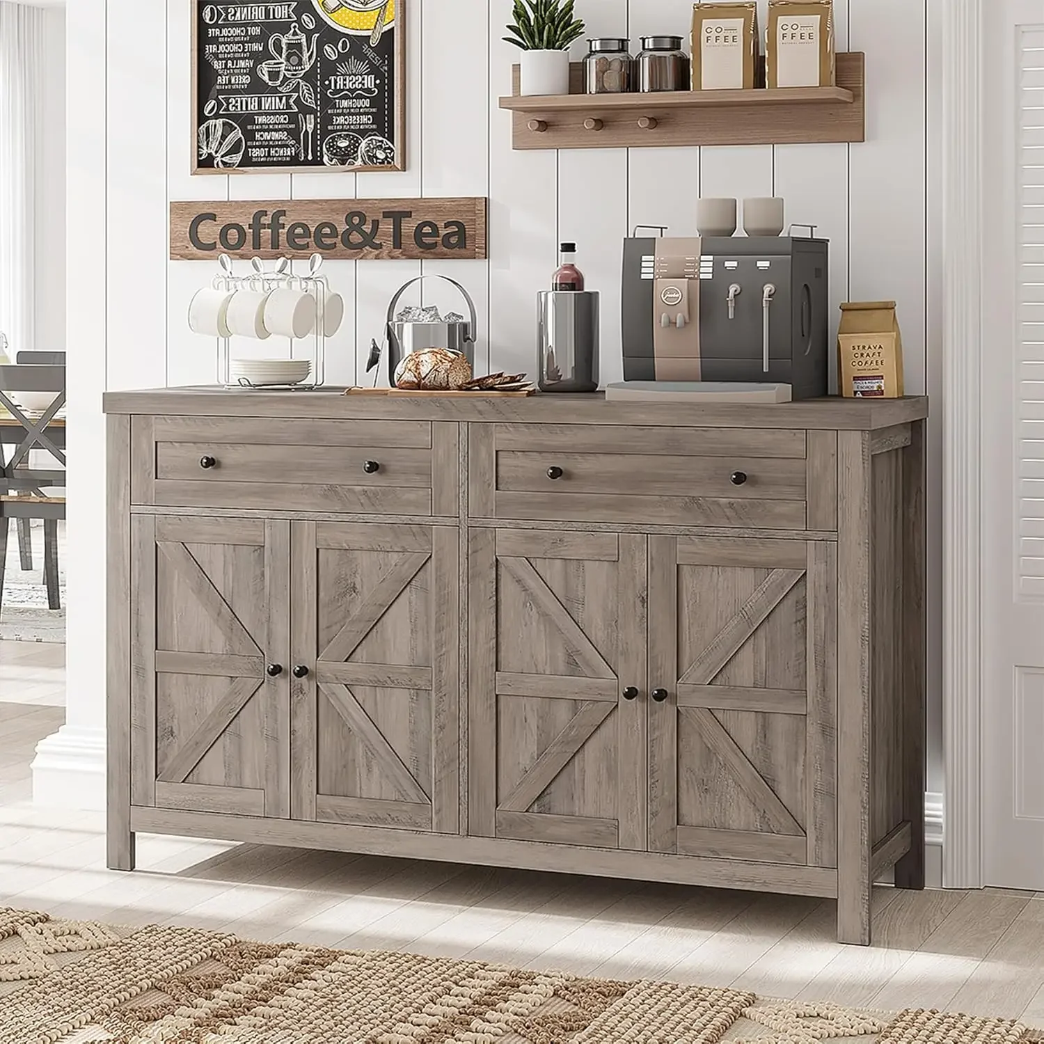 HOSTACK kabinet Sideboard prasmanan, kabinet lemari kopi Modern dengan laci dan rak, pintu gudang 55"