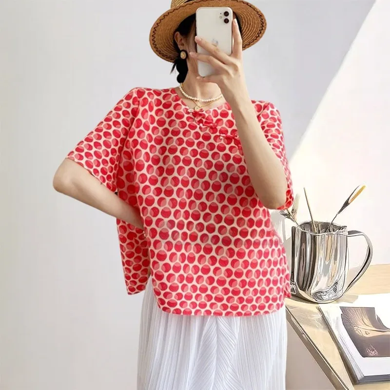 

Женская блузка с принтом Miyake, весенняя плиссированная рубашка со средним рукавом, свободная темпераментная рубашка на пуговицах, достойная элегантная одежда