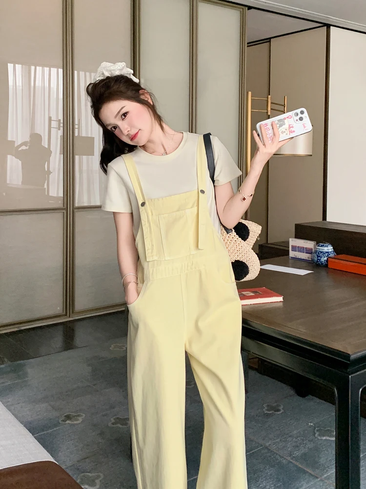 

Yellow Workwear Overalls Long Casual Women's Sle Salt Or Sweet Youthful Summer New Arrival Slimming College Faion Jumpsuit