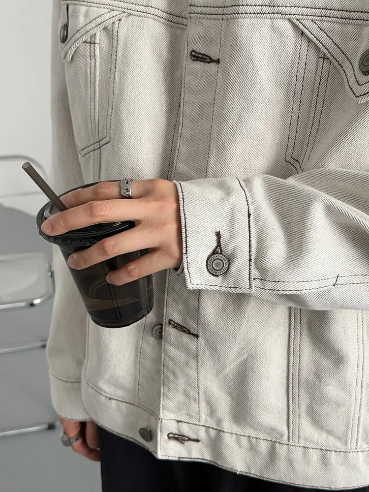 Men Washed Denim Jacket Spring Autumn Fashion Splicing Grey Cowboy Coat American Casual Retro Color Contrast Fringe Male Jackets view 6